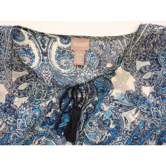 Chicos Blue Paisley Sheer Boho Blouse Size S M Tassel Tie Top Katran - Picture 2 of 11